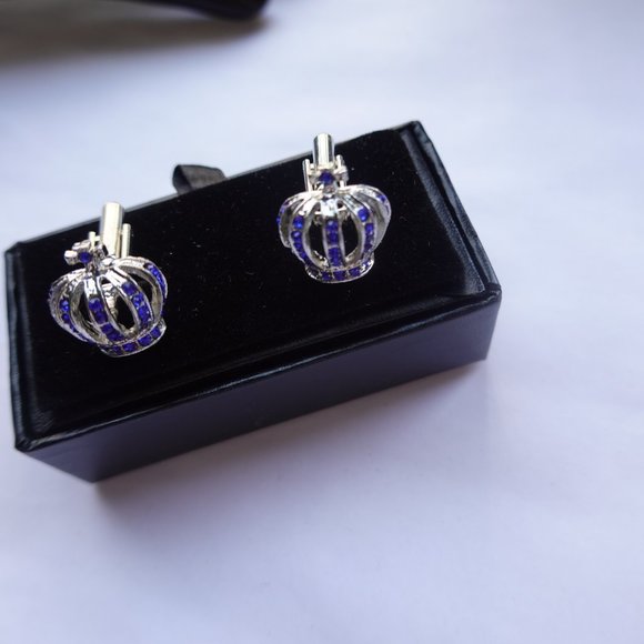 Blue Rhinestone Crown Cufflinks - Picture 2 of 2